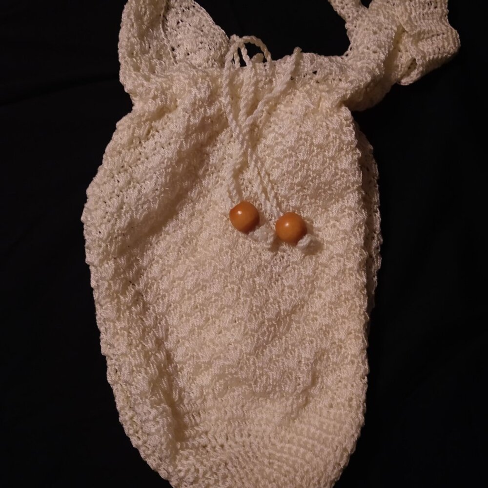 Retro Cream Crochet Shoulder Drawstring Long Handbag